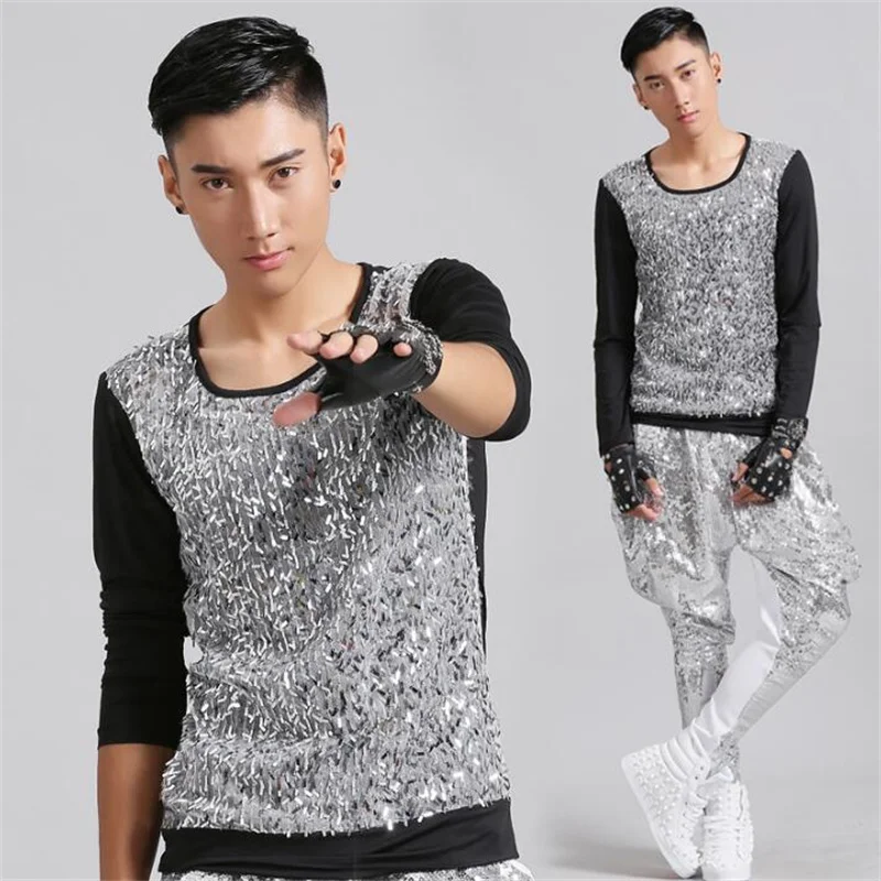 

Рубашка мужская с круглым вырезом, Модная приталенная пикантная блузка в стиле панк, с длинным рукавом и блестками, для сценических танцев п...