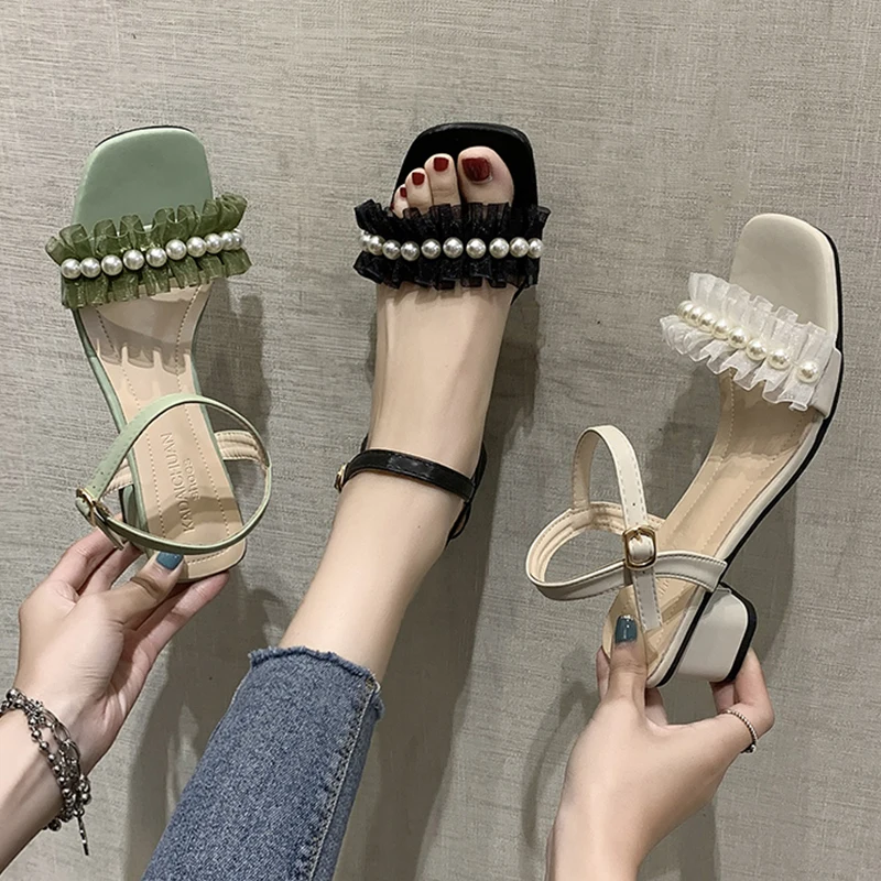 

Pearl Sandals Comfort Shoes for Women High Heels Suit Female Beige All-Match Two Weare High-heeled Clear Fashion 2022 Low Block