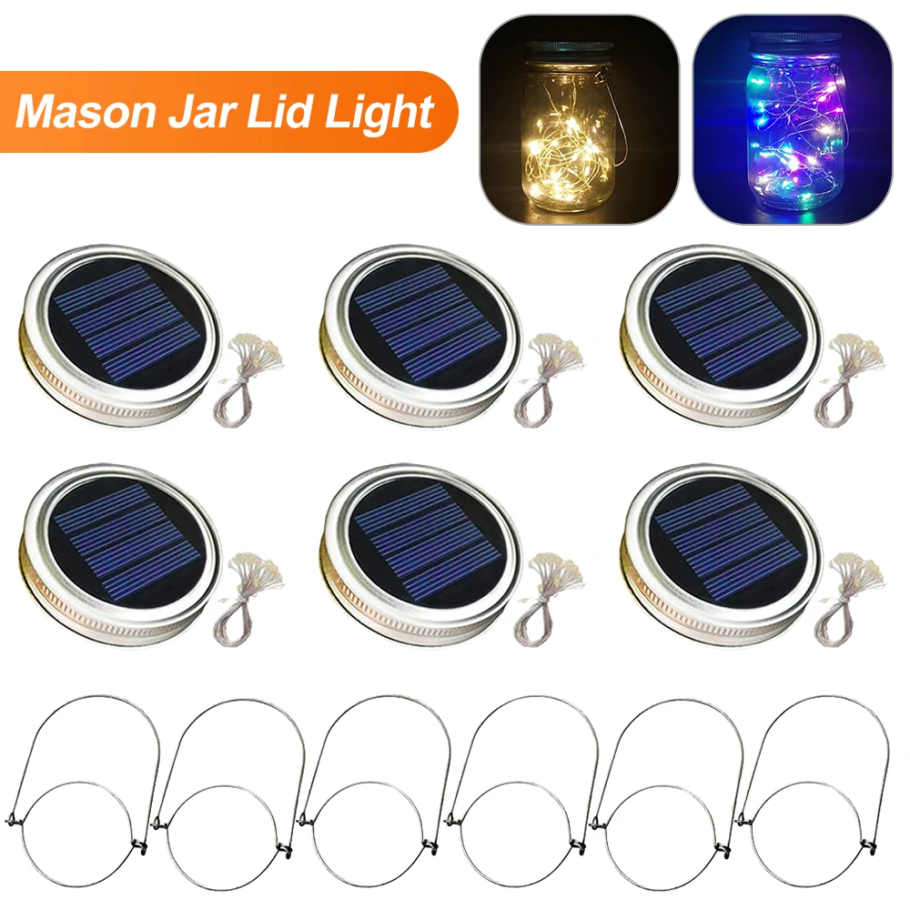 

6pcs Solar Mason Jar Lid Light with 2m String Lights Handle 20 LEDs Hanging Lantern Lamp for Garden Decoration Colorful Light