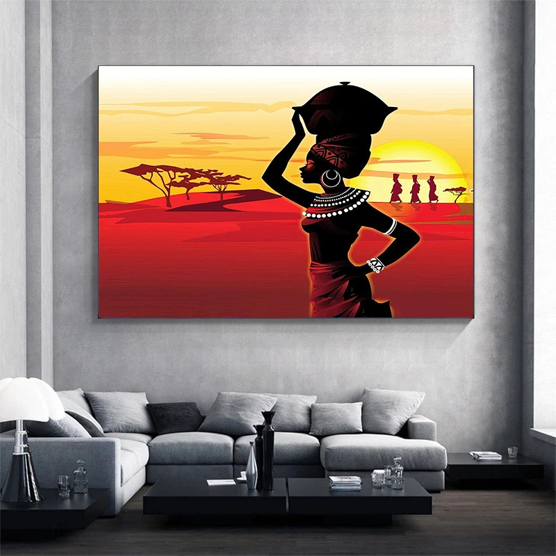 

Абстрактная картина на закат, пейзаж, холст, ретро постер и печать африканских женщин, Настенная картина для гостиной, украшение для дома