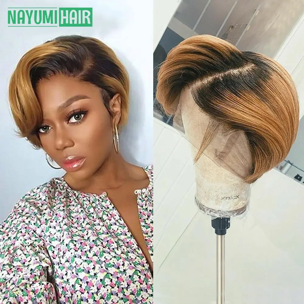 

Парик для темнокожих женщин с эффектом омбре, светлые короткие натуральные волосы с кружевной передней частью, для темнокожих женщин