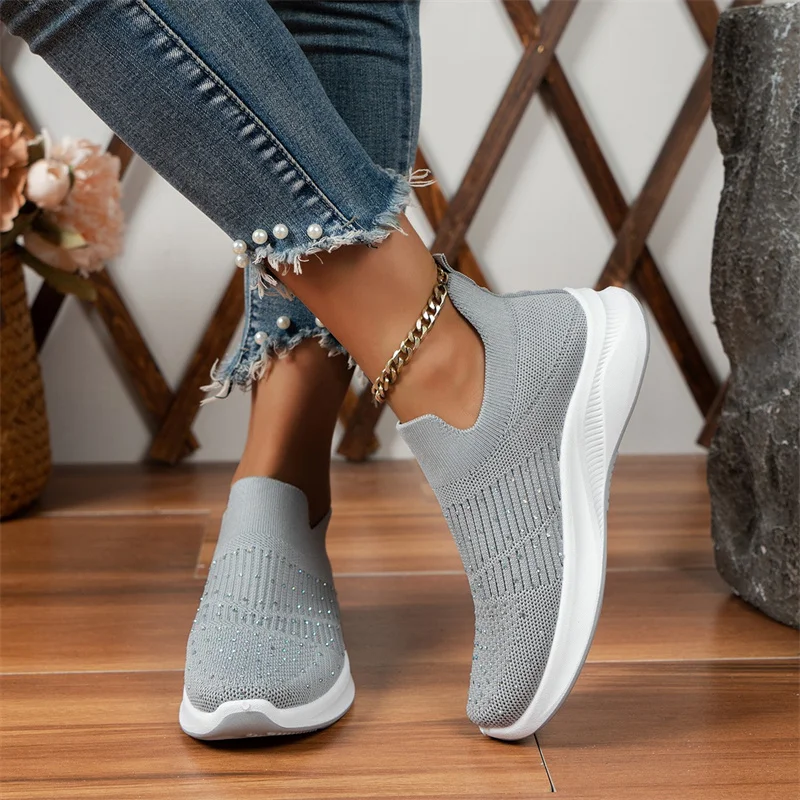 2023 New Crystal Breathable Mesh Sneaker Shoes for Women Comfortable Soft Bottom Flats Plus Size 43 Non Slip Casual Shoes Woman