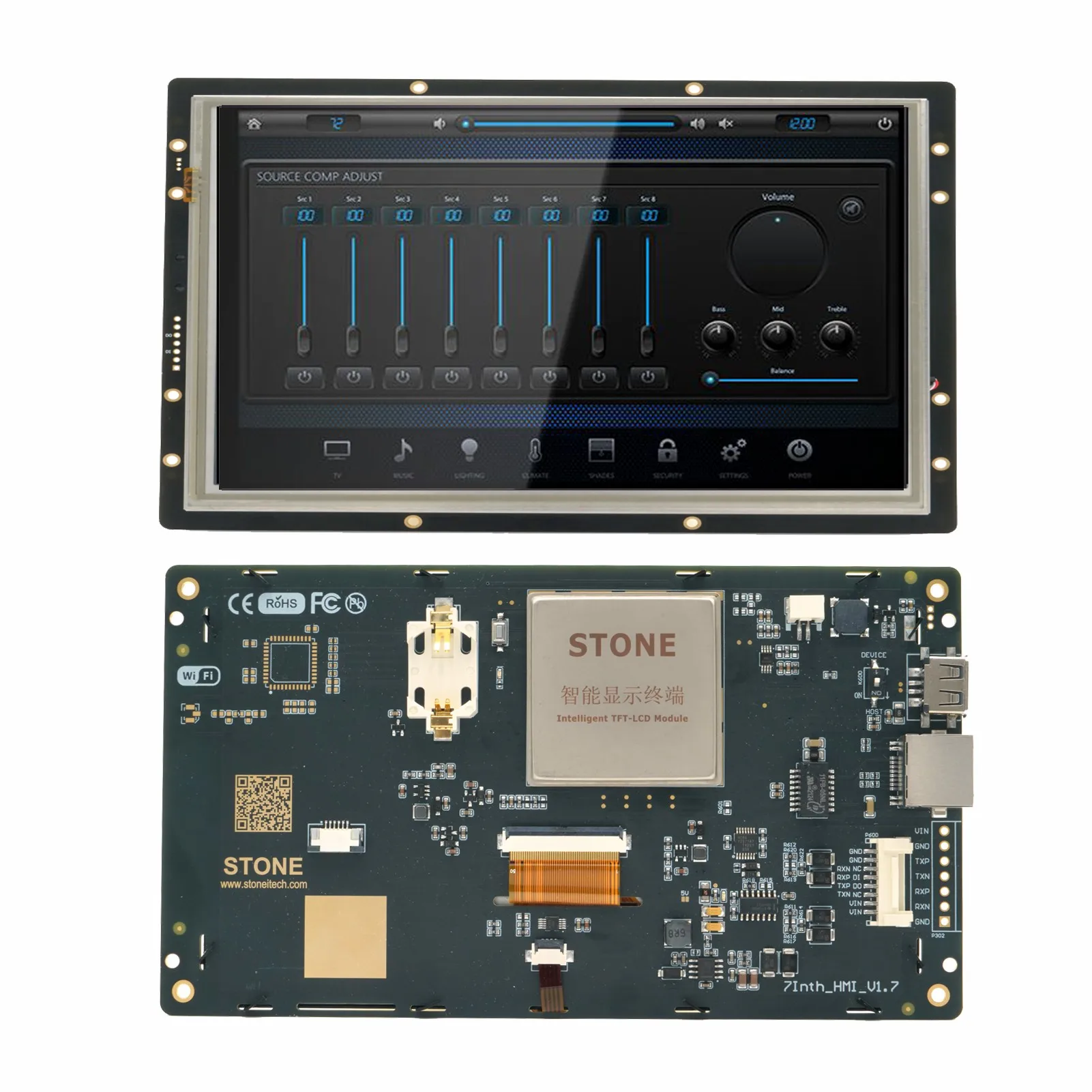 SCBRHMI 7.0 Inch LCD-TFT HMI Display Module Intelligent Series RGB 65K Color Resistive Touch Panel without Enclosure