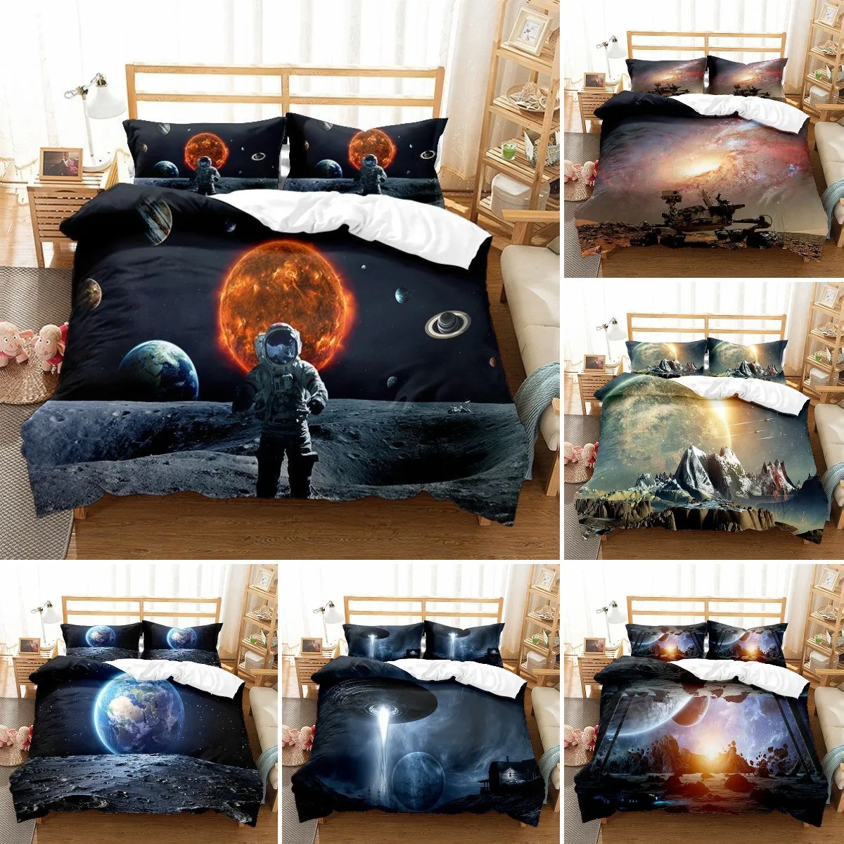 

Galaxy Duvet Cover Set, Astronaut On The Moon Bedding Set For Kids Teens, Space Planet Themed Duvet Cover, Dark Gray