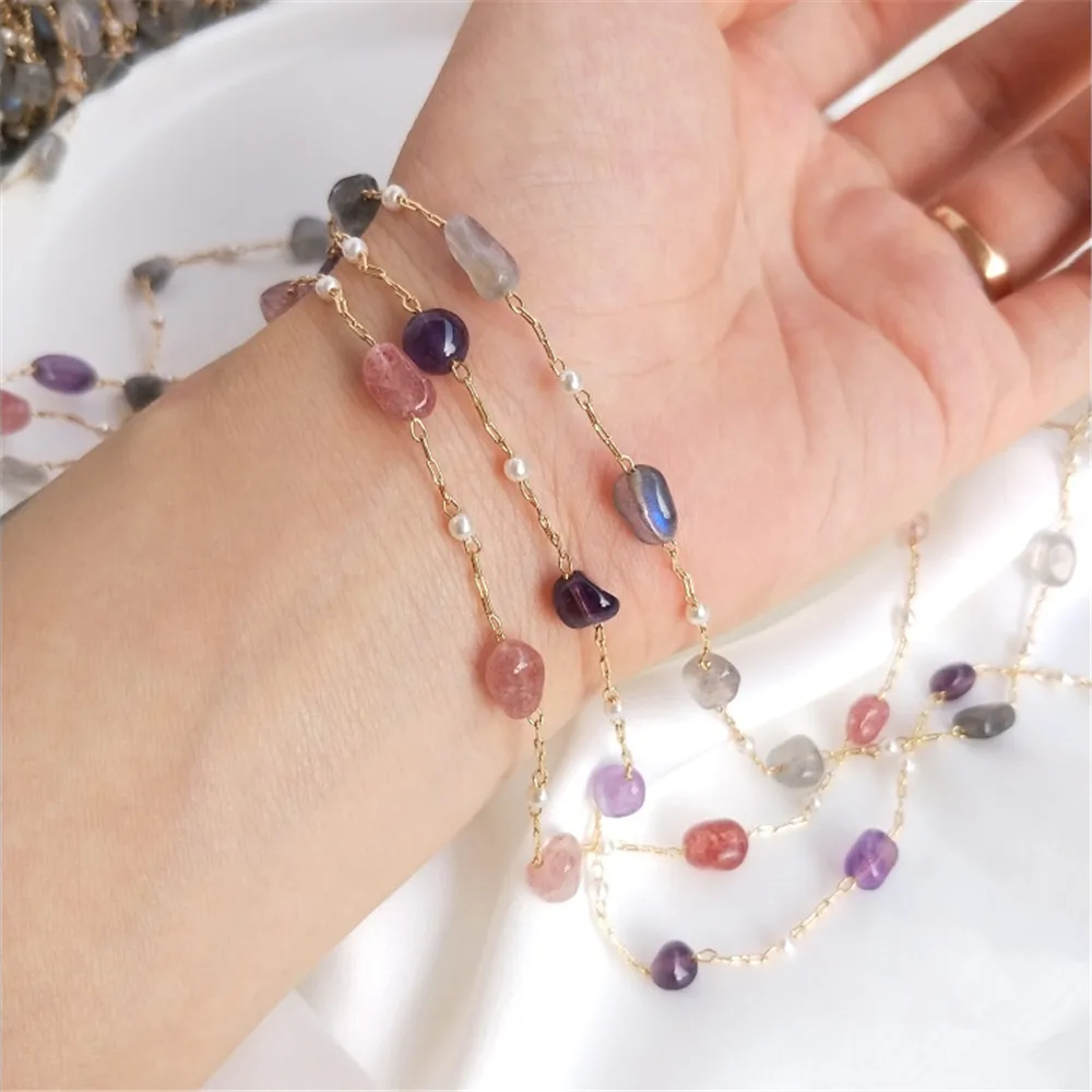 14K Gold Filled Plated Handmade chain Strawberry crystal pull feldspar amethyst rectangular chain DIY bracelet accessories