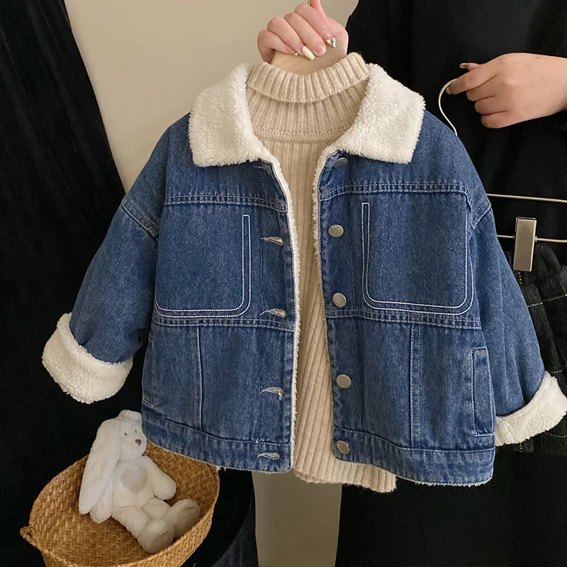 

Sweaters Girls Cowboy Velvet Coat Autumn Winter New Tide Turn Down Collar Warm Versatile Loose Korean Open Stitch