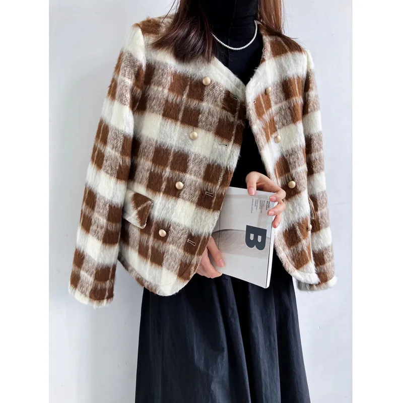 

Winter Thick Women Short Down Jackets 2022 Round Neck Plaid Double Breasted White Duck Down Woolen Coats Tops