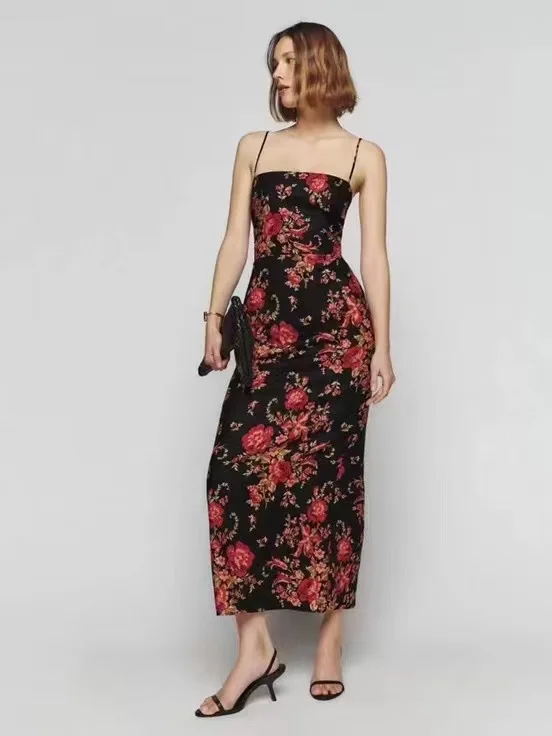 Women Linen Strapless Floral Print Sleeveless 2023 New Midi Sling Dress