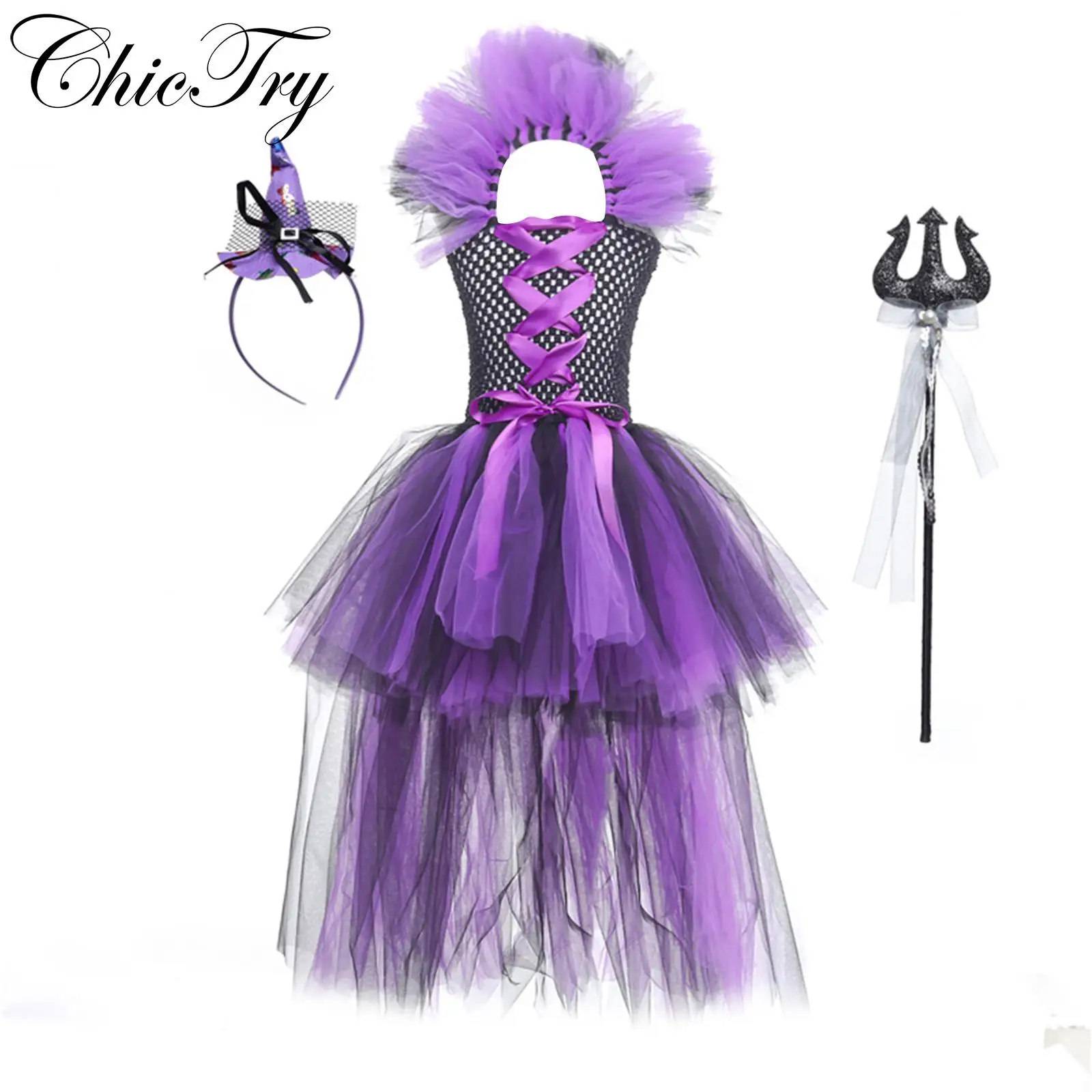 

Kids Girls Halloween Witch Costumes Carnival Party Cosplay Dress Ruffle Halter High-low Dress with Headband Dress Up Clothes