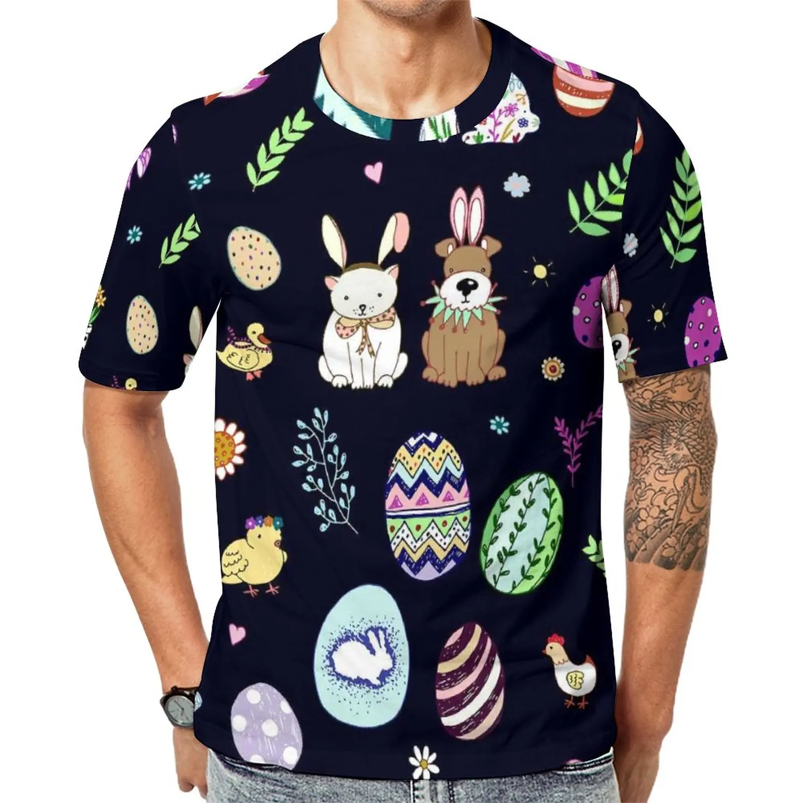 

Happy Easter T-Shirt Eggs Bunnies Floral Animal Print Awesome T Shirts Crewneck Trendy Tshirt Summer Man Design Tees Big Size