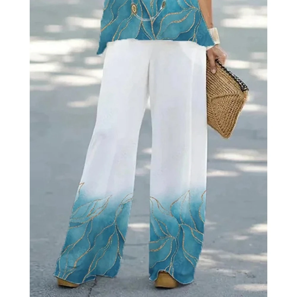 Summer Women Marble Print Round Neck Sleeveless Tank Top & Wide Leg Pants Set Causal Streetwear New In Suit 2023 y2k Clothes