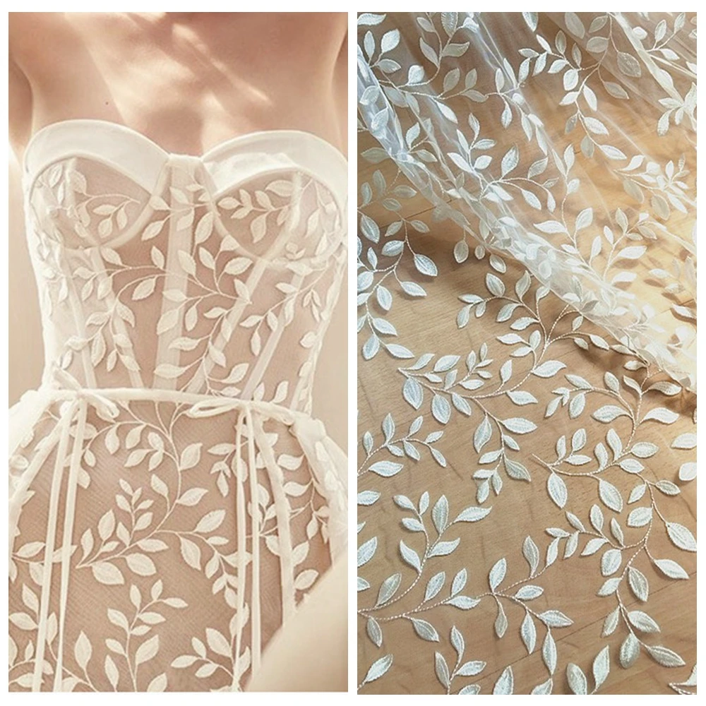 

Thick Embroidery Leaves Style Lace Fabric Rayon Material Top Quality Tulle Mesh Ivory Lace Wedding Dress Lace Garment Costume