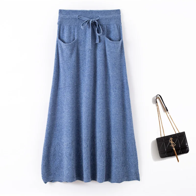 

Новая шерстяная юбка с карманами Женская однотонная плиссированная юбка с естественной талией модная и тонкая универсальная Вязаная Шерстяная Юбка