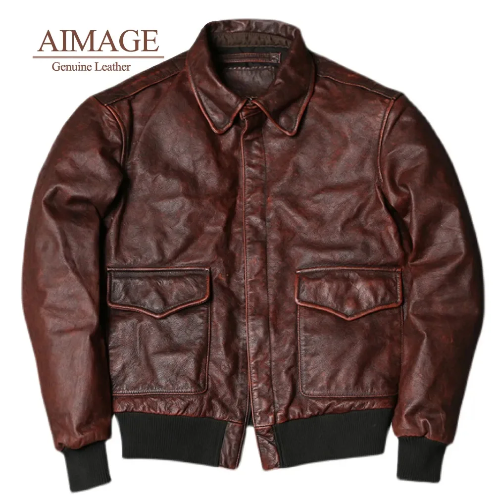 

men Stone milled old brown A2 flight top cowhide leather short jacket Men Genuine Leather vintage style PY173