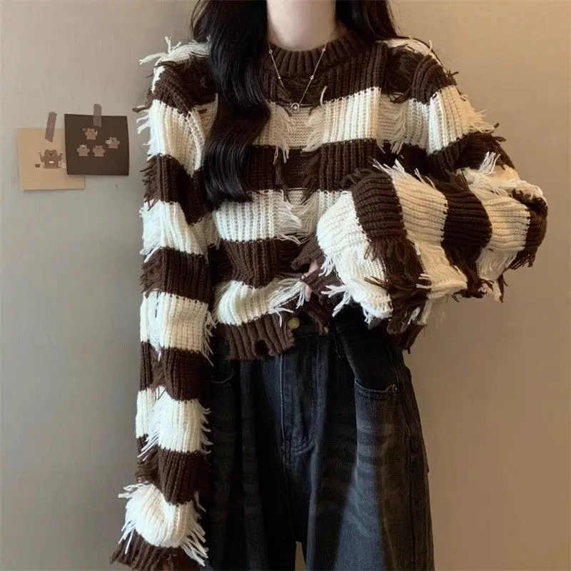 Полосатые пуловеры MiiiiX в корейском повседневном стиле Женский Осенний свободный