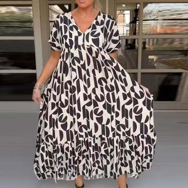 

Повседневное летнее женское длинное платье с коротким рукавом, женское сексуальное Плиссированное Платье с V-образным вырезом, модель 2023 года, модное свободное пляжное платье с геометрическим принтом