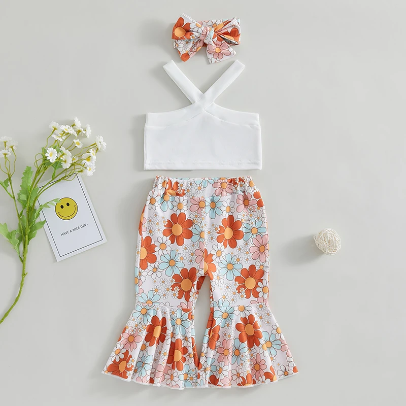 

Летняя одежда для девочек, топ без рукавов, укороченные топы, эластичные повседневные расклешенные брюки с цветочным принтом, повязка на голову, комплекты праздничной одежды