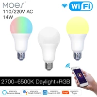 moes wifi smart led light bulb dimmable lamp 14w rgb cw e27 color changing tuya smart app control work with alexa google led