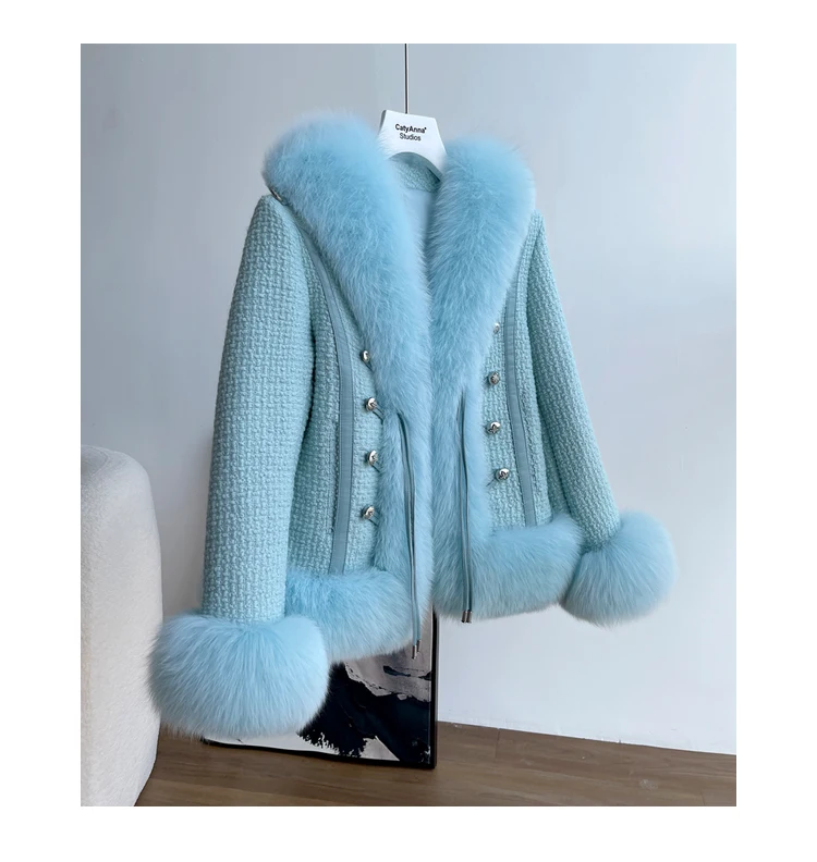 2022 Winter Jacket Women Natural Fox Fur Weave Knit Buttons Blended Casual V-neck Thick Warm Tweed New Real Fur Coat