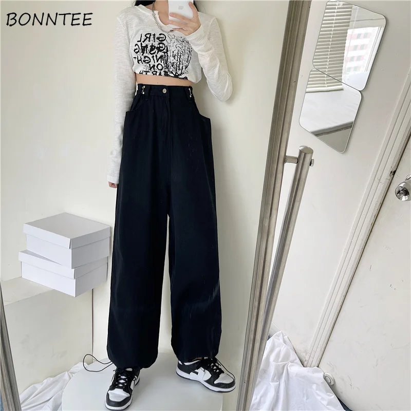 

Jeans Women Wide Leg High Waist Streetwear Trendy Fashion Casual Solid Spring Baggy Pocket Comfortable All-match Female Denim