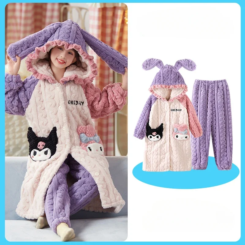 Kawaii фланелевые пижамы для мамы и детей Sanrio Melody Pochacco Cinnamoroll Kuromi теплый халат с 3d