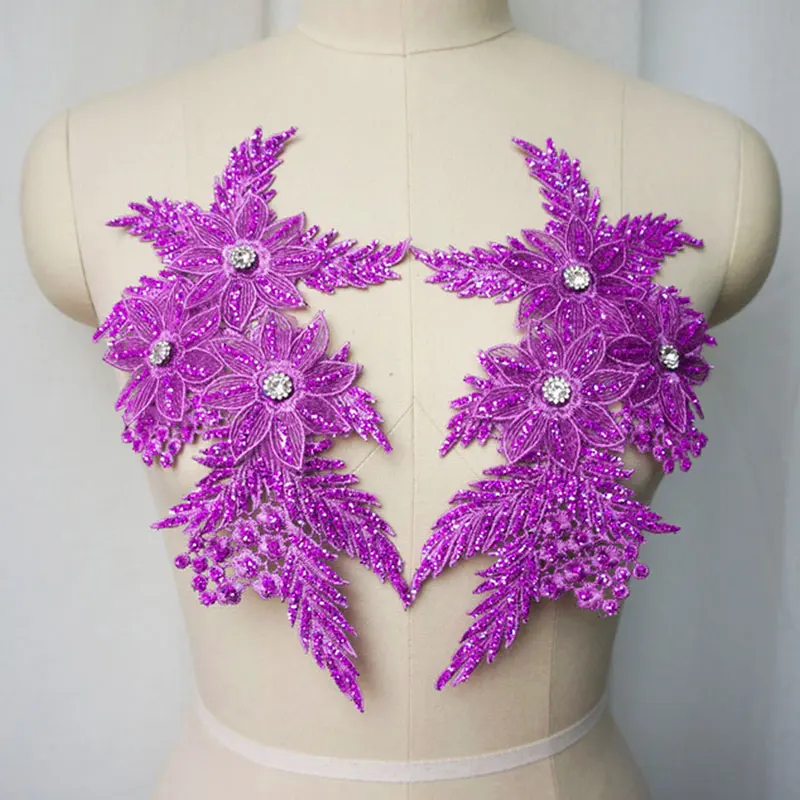 2Pcs Rhinestones Sequin Embroidered Lace Applique Sewing Flower Fabric Patch For Wedding Gown Bridal Dress Clothes DIY Crafts - купить по