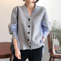 new 2022 autumn fashion women patchwork srtiped knitting sweaters loose v neck knitted button cardigans coats blue tops mujer