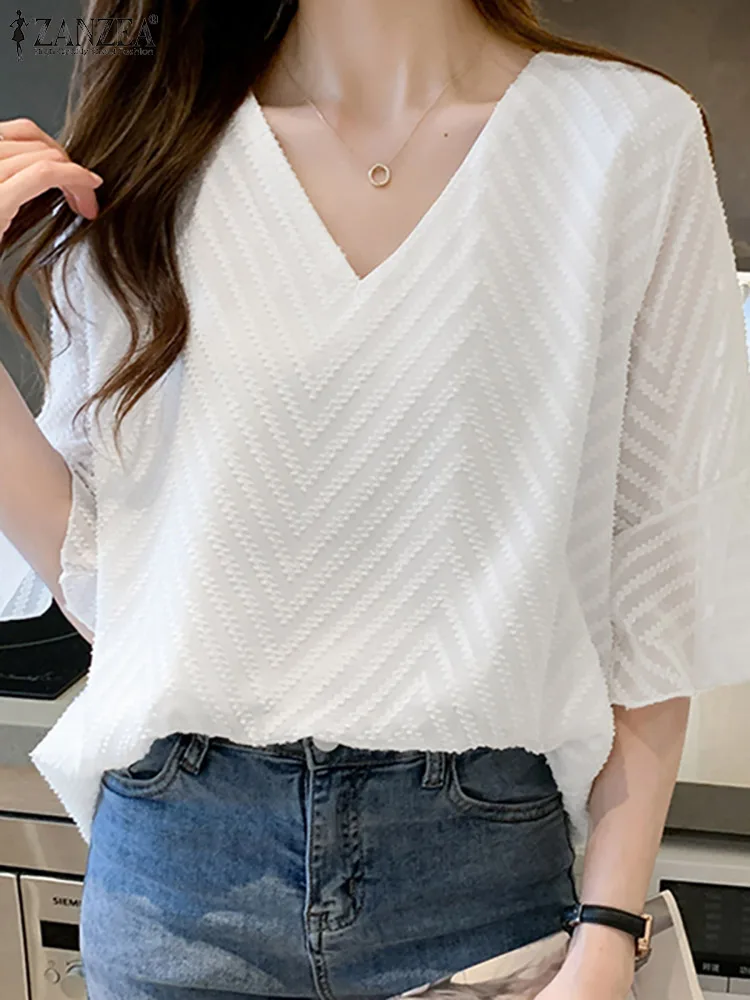 

ZANZEA Fashion Summer Short Sleeve Tops Tees Oversized Women Blouse Casual Solid Loose Textured Pullovers V-Neck Blusa Femininas