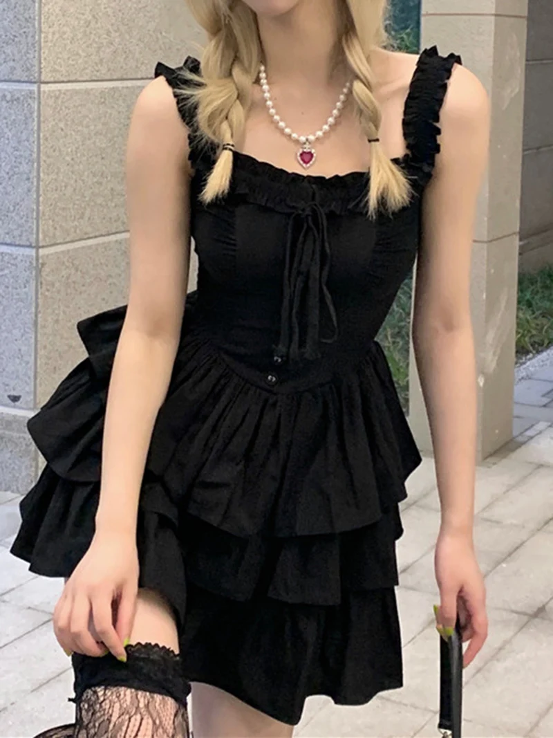 

Тёмное летнее платье в стиле Харадзюку, новинка 2022, модная уличная одежда, стильное кружевное бальное платье в стиле пэчворк, платья, одежда ...