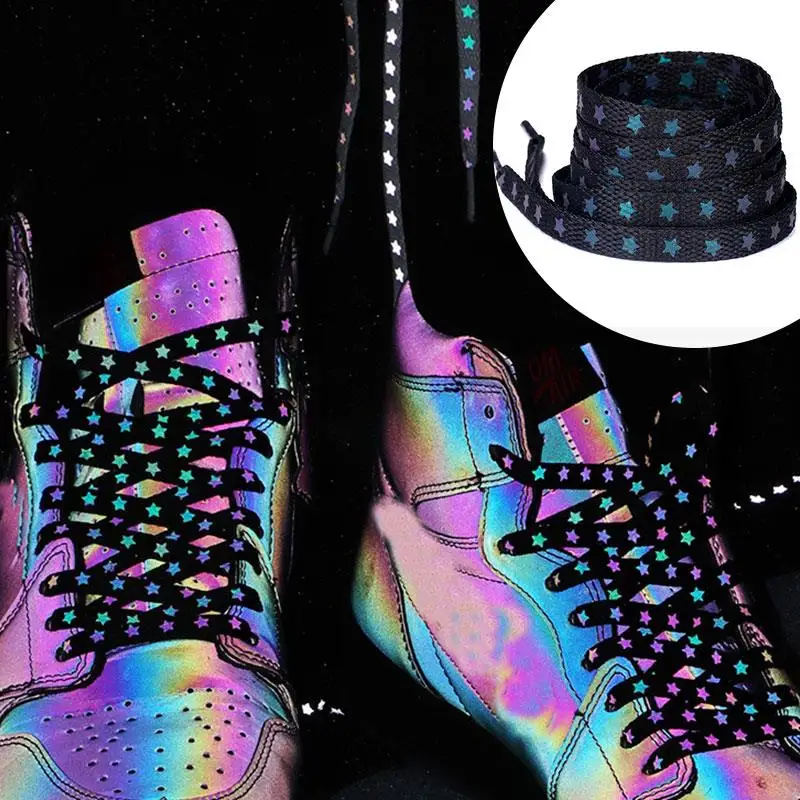 

New Holographic Reflective Star Shoelaces Double-sided Reflective High-bright Luminous Flat Laces Sneakers Shoe Laces Strings