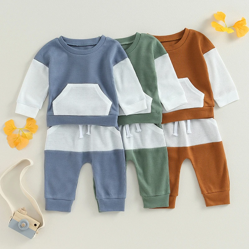 Infant Toddler Boy Girls Autumn Winter Outfits Long Sleeve Pocket Waffle Patchwork Sweatshirt with Pants 2pcs Sport Clothes Sets