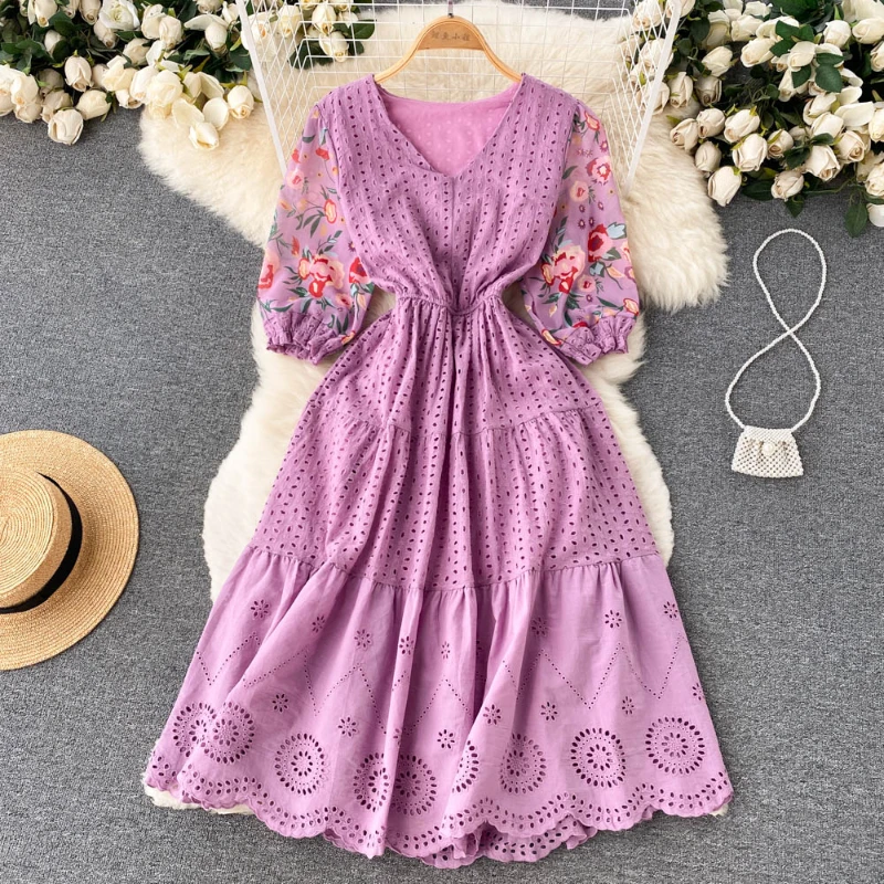 2024 Новое женское платье с v-образным вырезом и коротким рукавом цветочным принтом