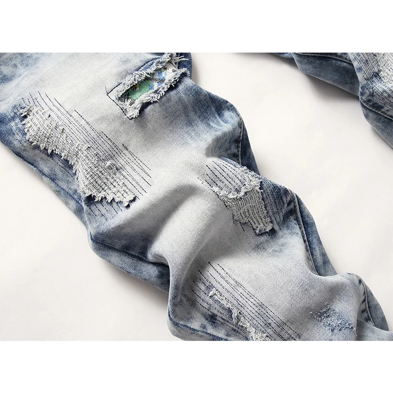 Fashion Streetwear Men Jeans Hole Patch Embroidery Nostalgic Elastic Small Straight Ripped Jeans Full Length Denim Pants
