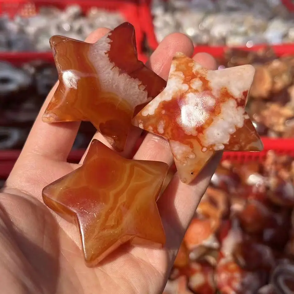 

Natural Red Agate Stars, Hand-Carved Crystal Ornaments, Home Healing Stones