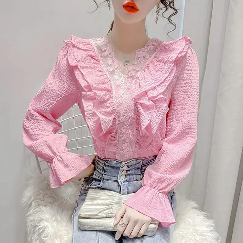 

2022 Spring Autumn Women New Long Sleeve Shirt Tops Female Lace V-neck Pullover Blouses Ladies Solid Color Casual Shirts U347