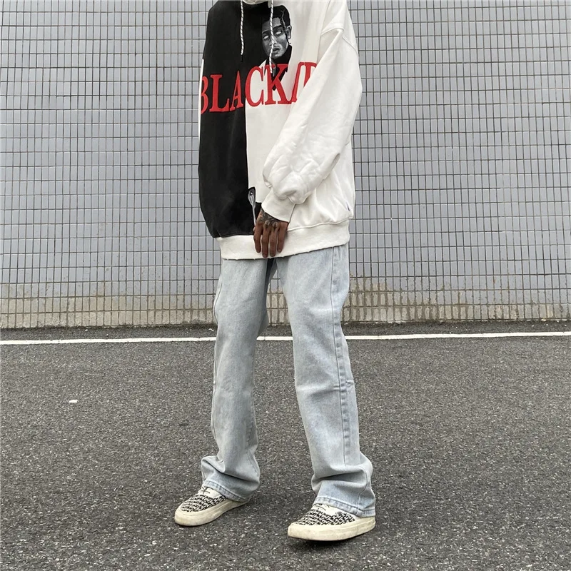 American High Street Heavy Industry Flame Skull Embroidery Jeans Men and Women Fashion Brand Ruffian Shuai Slim Flare Pants