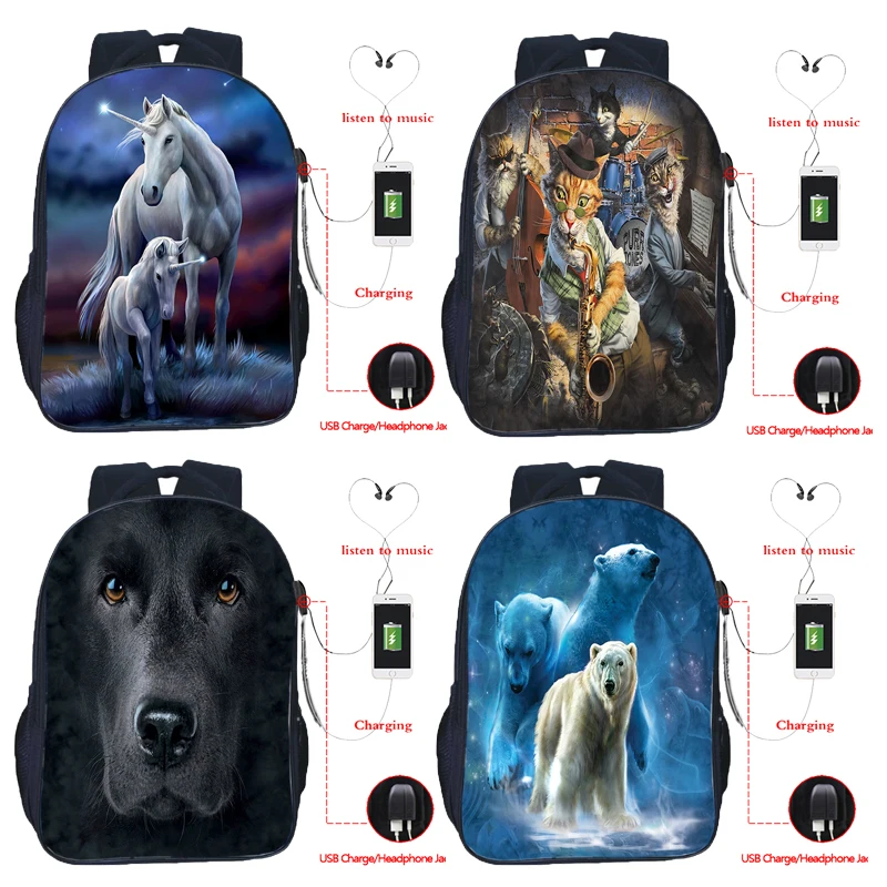 

3d Polar Bear Concion Cat Dog USB Charging Backpacks Teenage Boys Girls School Backpack Bookbags Children Shoulder Bags Mochilas