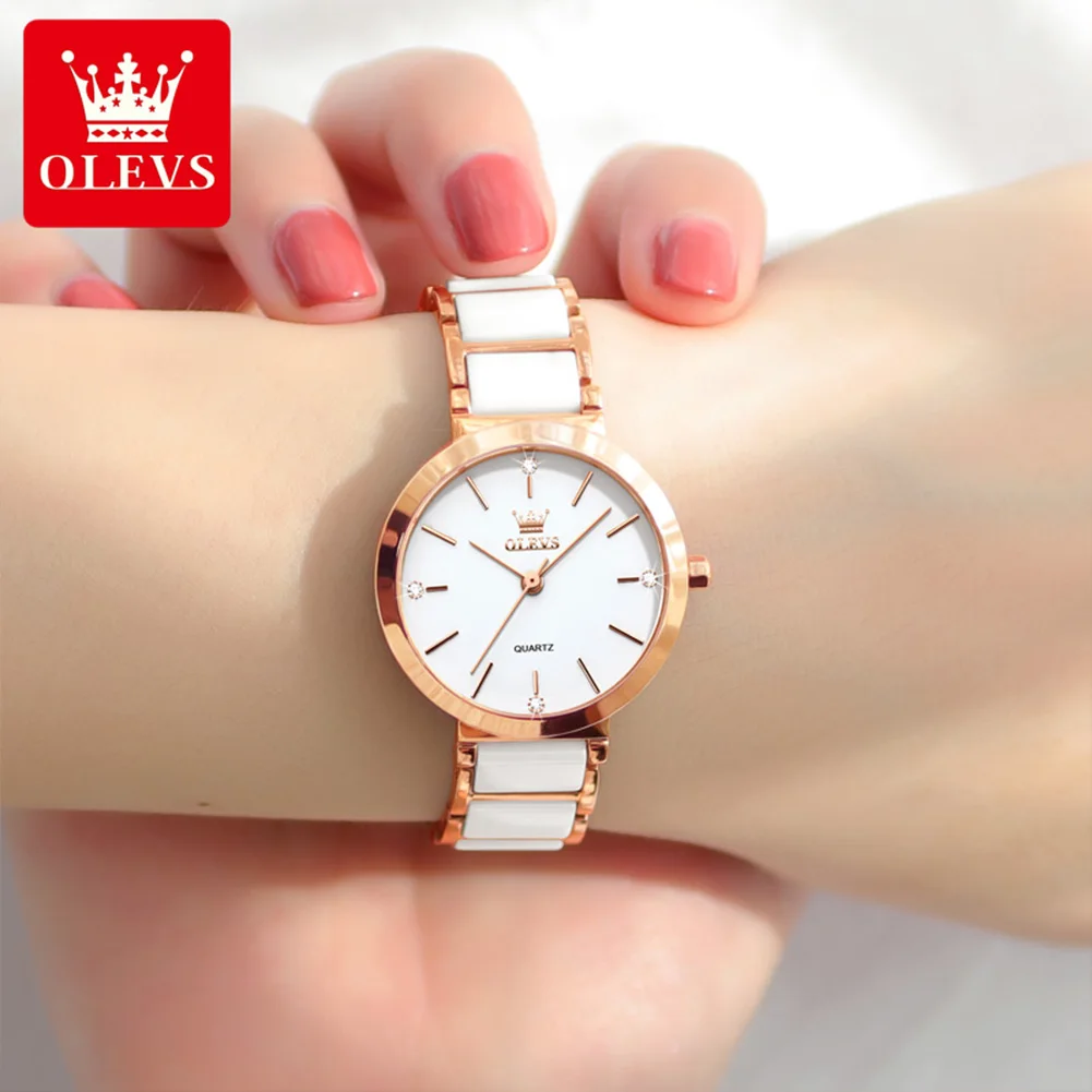 OLEVS Waterproof Women Quartz Wristwatches High Quality 2023 Japanese Movement White Ceramics Strap Fashion Watch for Women 5877
