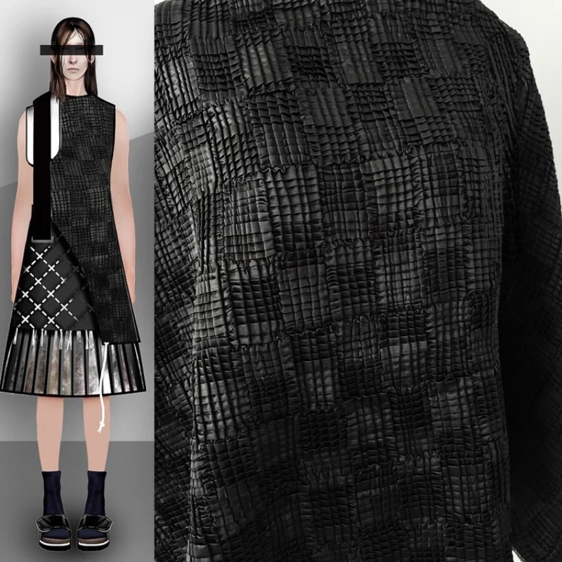 

Polyester Fabric Black Plaid Pressed Pleated Heavy Textured Apparel Sewing Fabric Wholesale Cloth Diy Pure Polyester Material