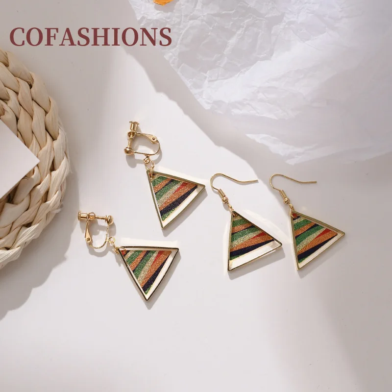 

2022 Boho Ethnic Multicolour 925 Silver Needle Stud Earrings for Women Gold Fashion Stitching Triangles Coil Clip Drop Earrings