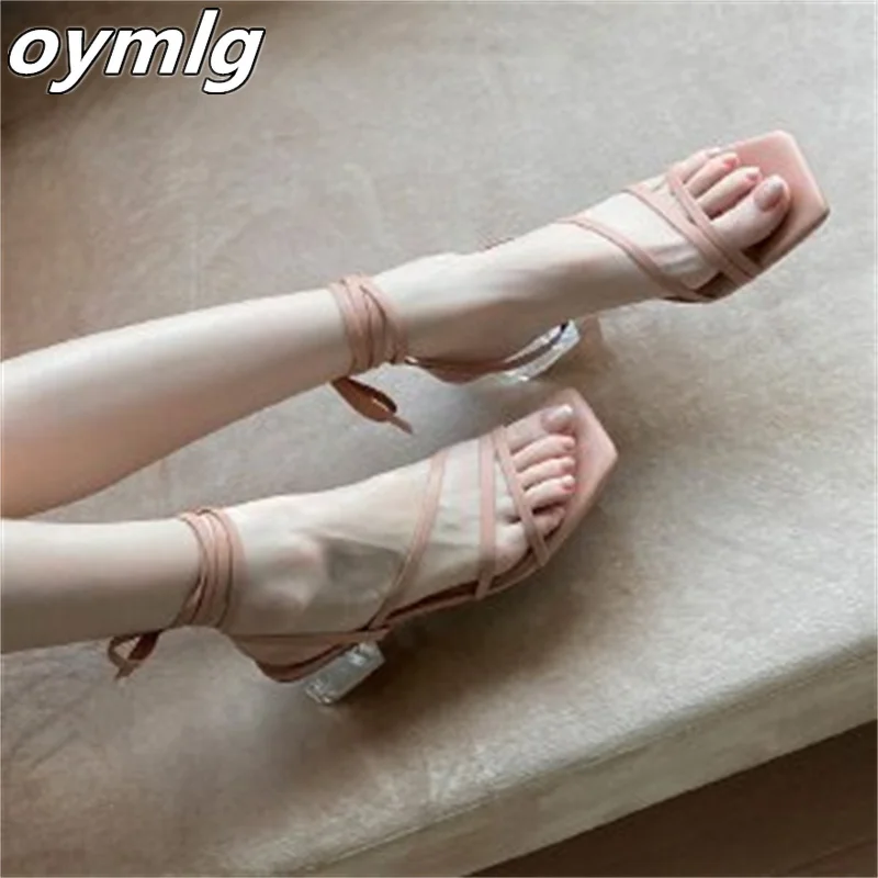 

Женские босоножки на шнуровке, Новинка лета 2022, туфли-лодочки на толстом каблуке с открытым носком и кристаллами в римском стиле