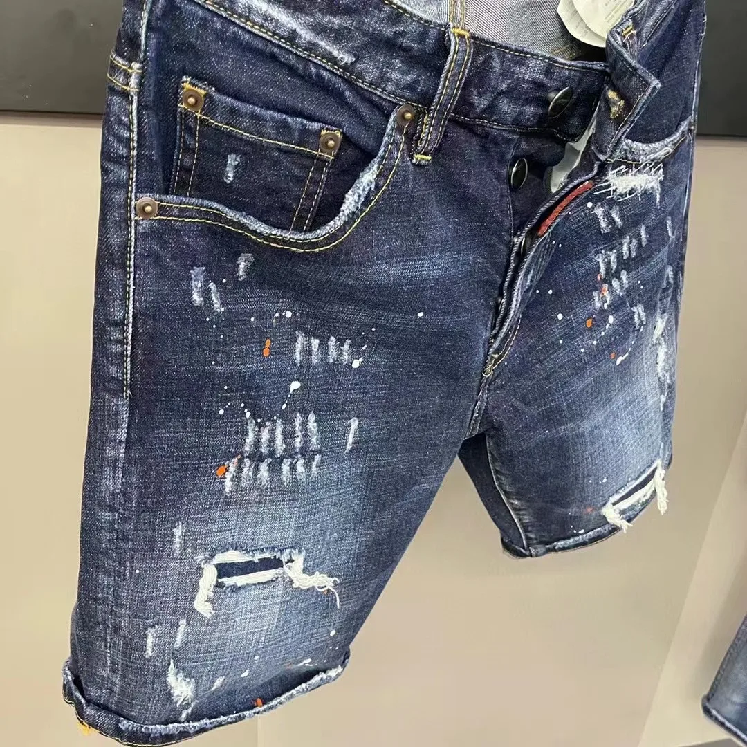 2023 Summer New D2 Jeans Light Speckled Ink Men's Denim Shorts Men's Paint Micro Elastic Pants