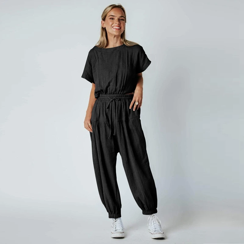OneLineFox Summer Loose Harlan Jumpsuit Split Drawstring Button Hollow High Waist Long Pants One Piece Outfit Women Sexy Overall