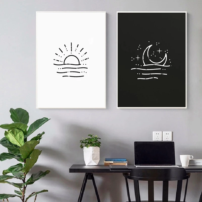 

Sun and Moon Posters Abstract Sunrise Canvas Painting and Prints Black and White Minimalist Wall Art Pictures Bedroom Home Decor