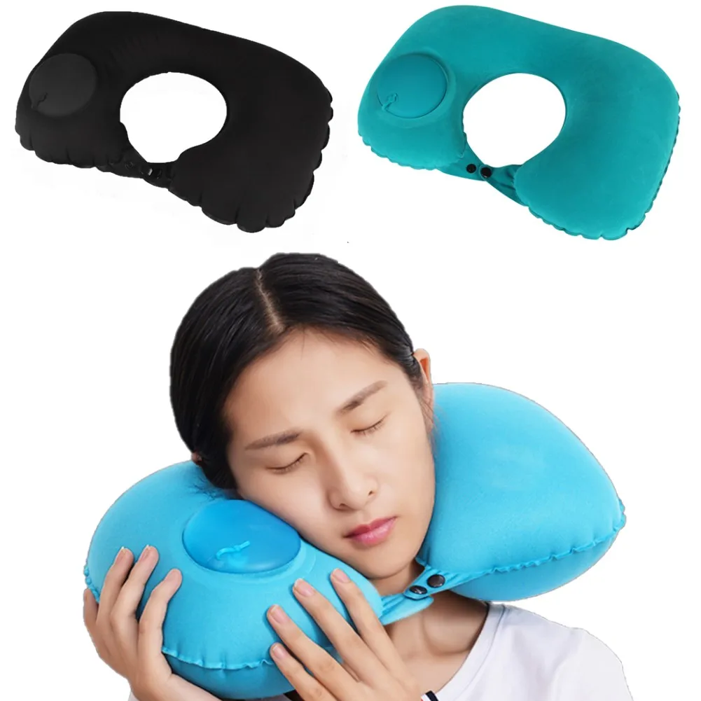 

U-Shape Travel Pillow Automatic Air Inflatable Airplane Car Pillows Ring Pillow Folding Press Type Bed Pillows Neck Cushion