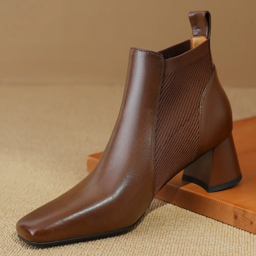 Женские эластичные вязаные Ботинки Челси из натуральной кожи Элегантные Осенние
