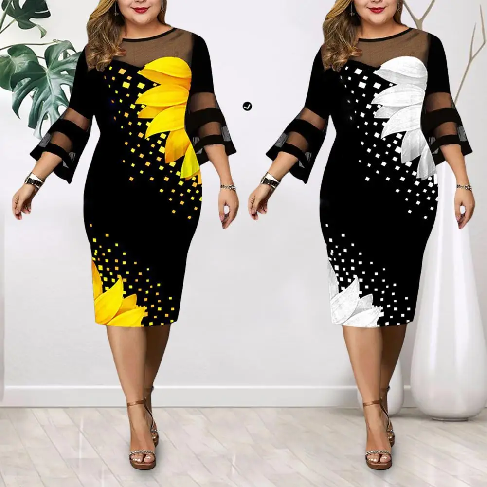 

Formal Casual Dress Round Neck Mesh Patchwork Women Flare Sleeve Mid-Calf Bodycon Dress