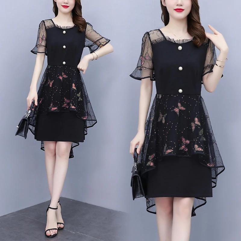 

Сетчатое платье с бабочкой и блестками с баской для женщин и девушек, летнее тонкое Повседневное платье размера плюс Frock, коктейльное платье...