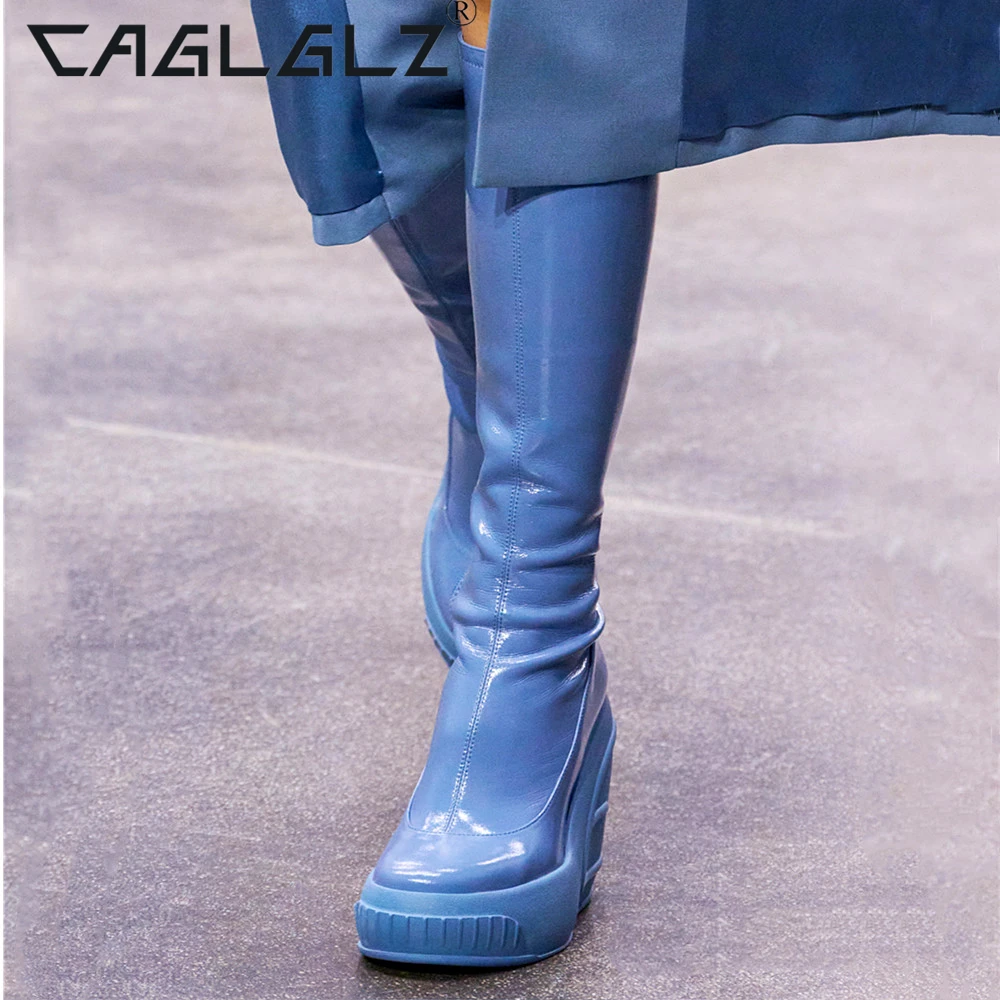 2023 CAGLGLZ Autumn and Winter New Women's Zipper Round Head Fashion Party Lacquer Leather Wedge High Heel Boots 14 inch shoes