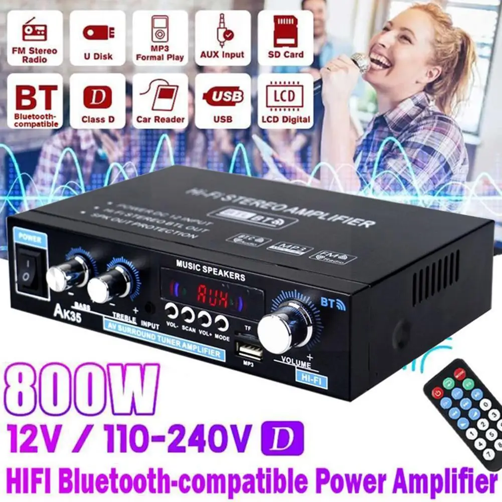 

Bluetooth USB Flash Drive Digital Amplifier 2-channel Hi-fi Stereo Stereo Amplifier For Home Karaoke FM USB AMP Remote Cont S7H1